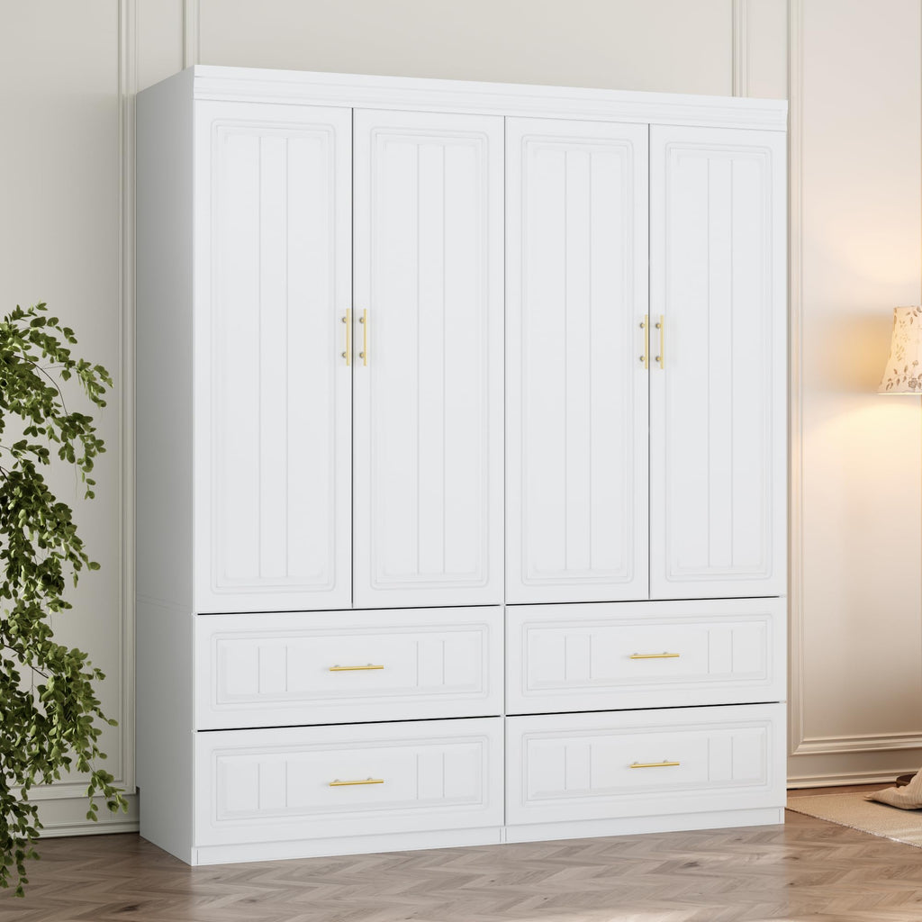 4 Door Wardrobe Closet with 4 Drawers, White Bedroom Armoire