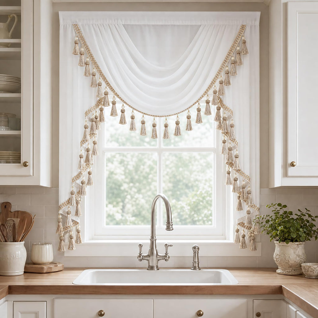 Luxury Sheer Waterfall Valance for Windows, 39 Inches Wide White Swag Curtains for Wedding Party & Small Windows