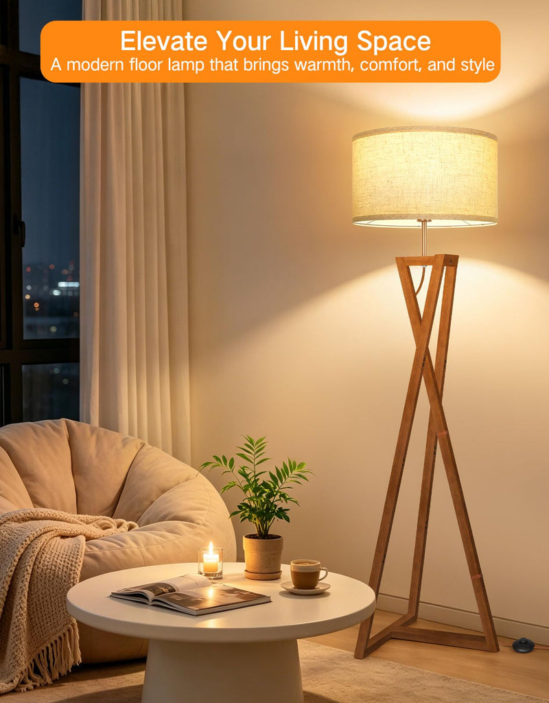 62" Wood Tripod Floor Lamp, Dimmable Mid Century Modern Vintage Lamps with Remote Control, 4 Color Temperature, LED