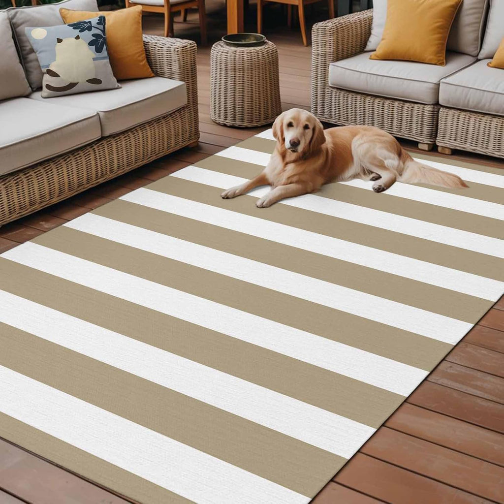 Outdoor Rug, Modern Minimalist Stripe Art Waterproof Outside Area Rug, Khaki and White Line Non Slip Deck