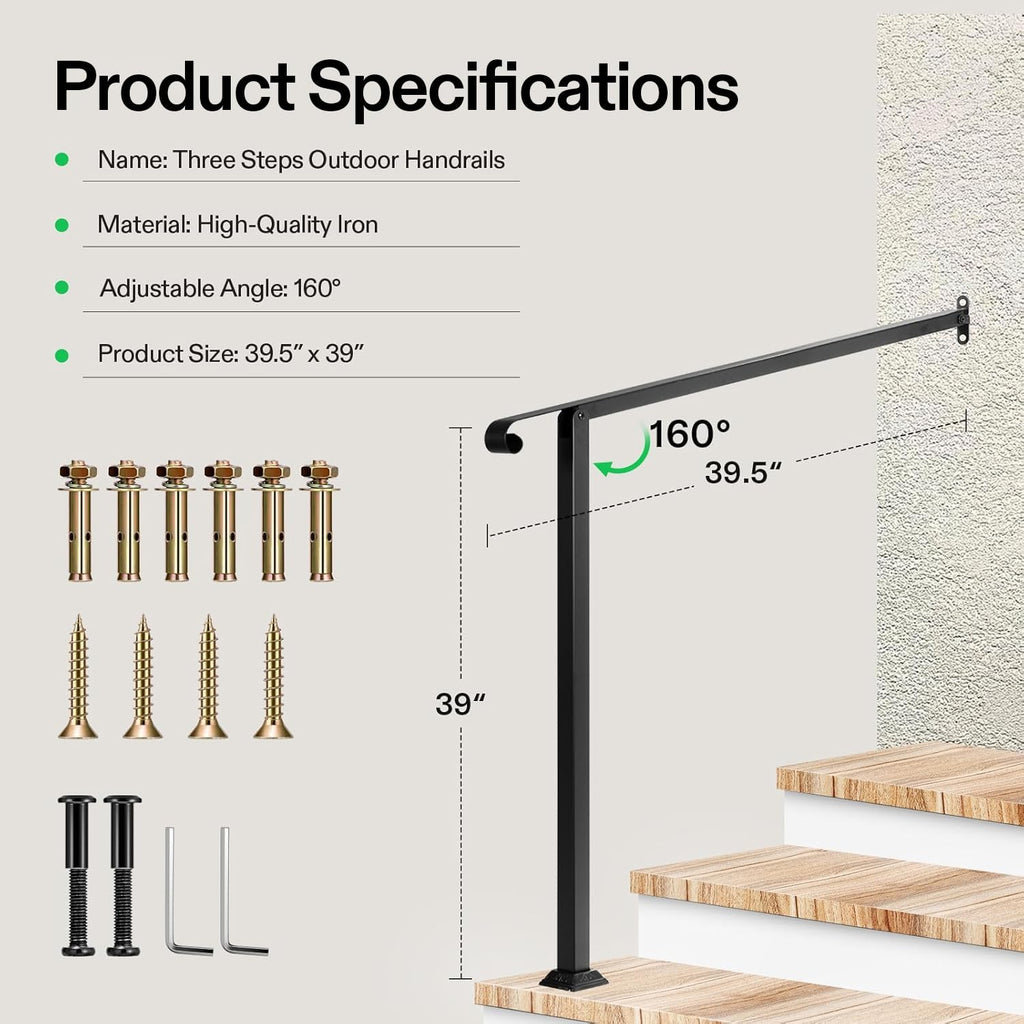 3-Step Stair Handrail 40"x39" Wrought Iron with 1 Curved End Black