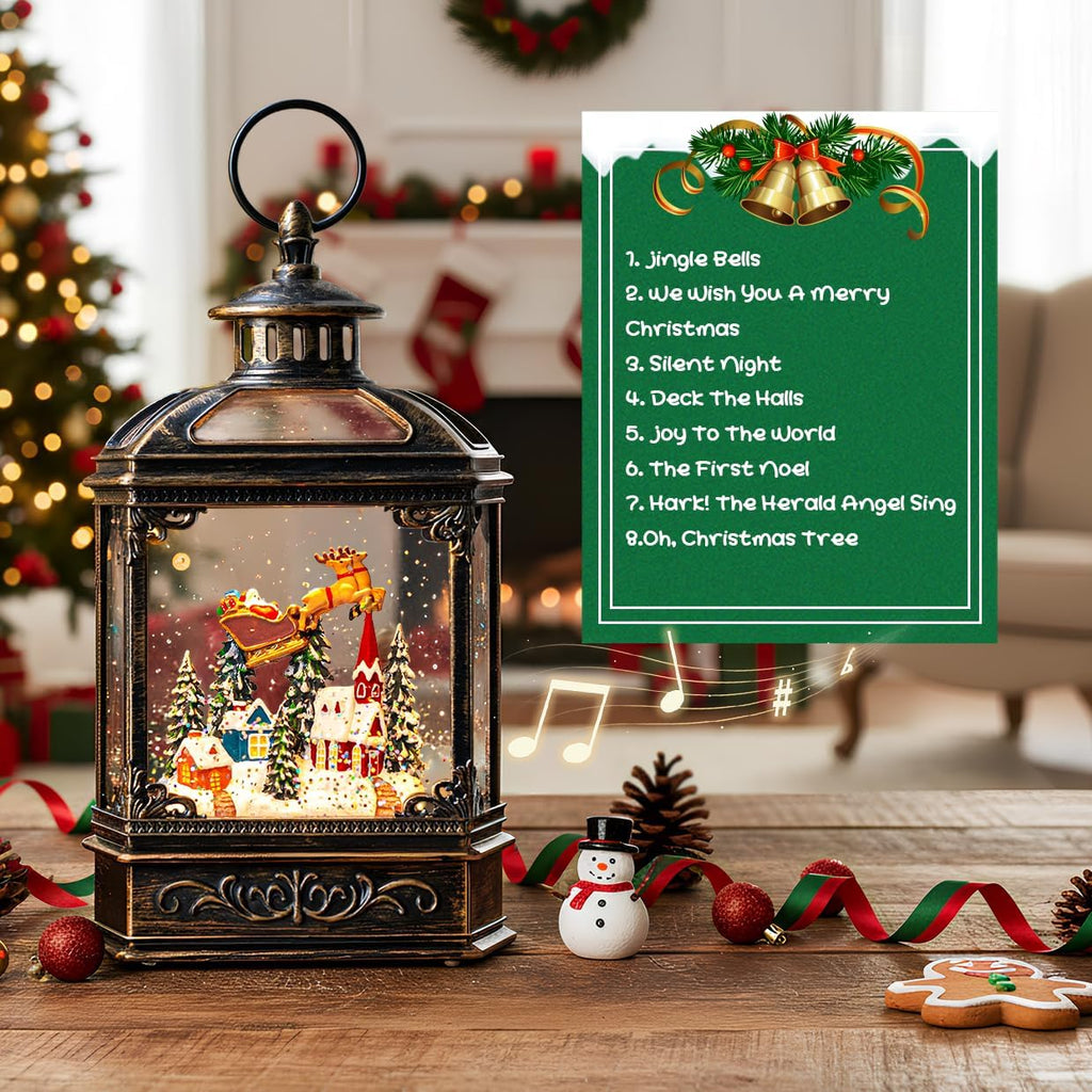 Christmas Snow Globe Swirling Glittering Lantern Santa Flying with Reindeer, USB Lined/Battery Operated Lighted Water