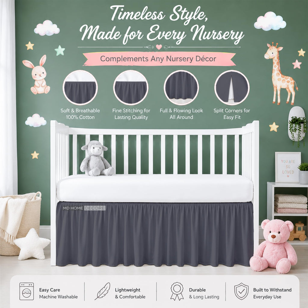 Cotton Crib Bed Skirt Dust Ruffle with Split Corners, 14" Drop, Dark Grey