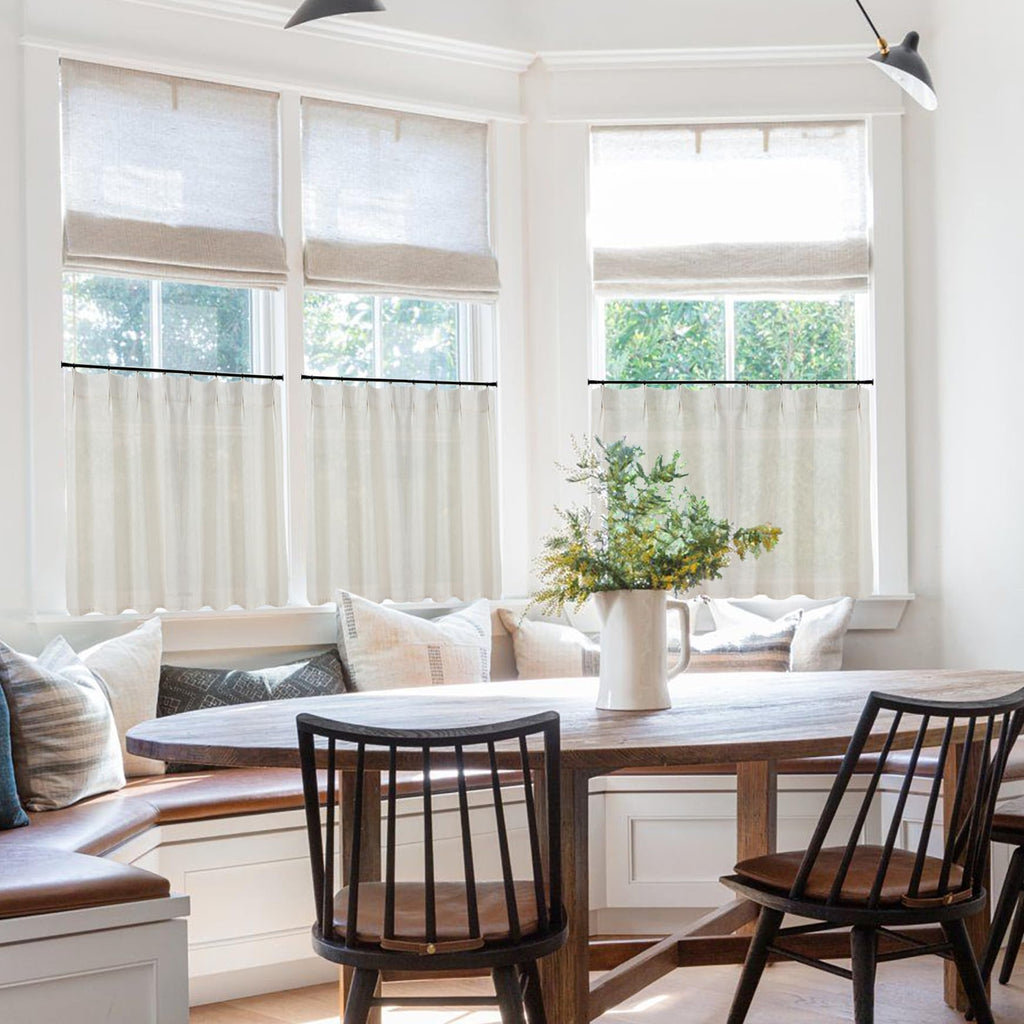 Pinch Pleat Cafe Curtains 24 Inch Length Window Over Sink, Cream Linen Light Filtering Sheer Farmhouse Style Mini