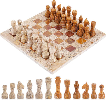 Handmade Fossil Coral and Dark Brown Marble Full Chess Game Original Marble Chess Set