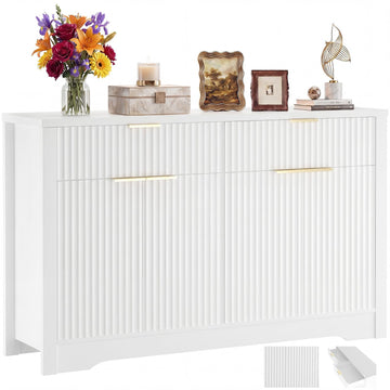 55" Fluted Sideboard Buffet Cabinet with Drawers (White, 4 Doors)