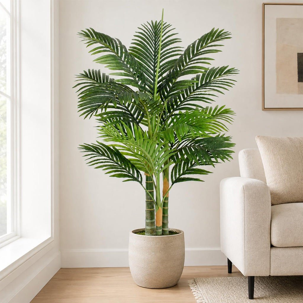4FT Artificial Palm Tree - Tropical Faux Golden Cane Palm Tree UV Resistant Tall Fake Plant Indoor with Black Pot