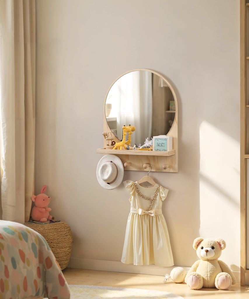 Nursery Wall Shelf with Mirror, Natural Wood Boho Arch Design