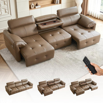 Electric Pull Out Couch 3-Seater Power Recliner Genuine Leather Sofa with 2 Put Out Footrest, Sectional Couches, Brown