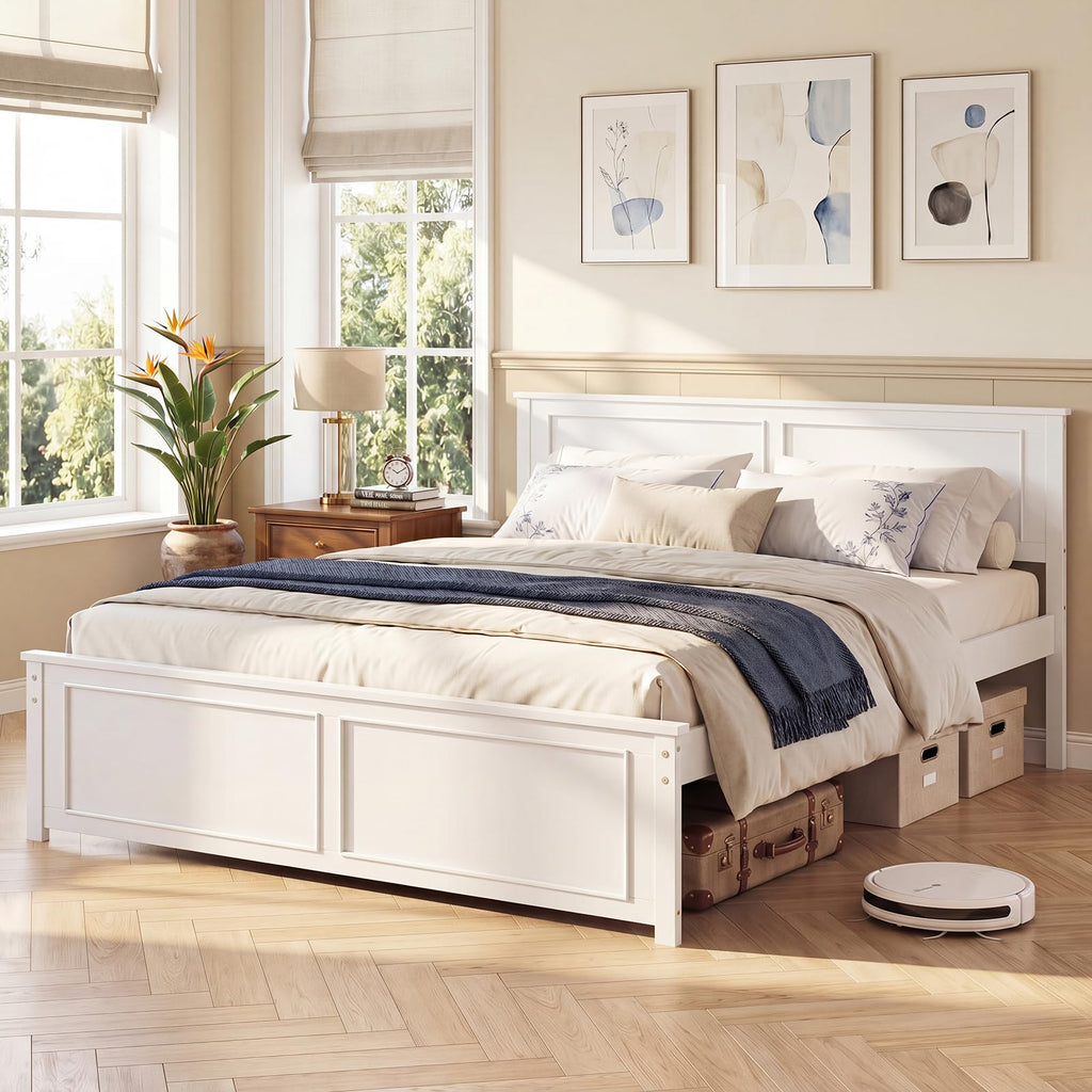 Queen Bed Frame, Farmhouse Wooden Platform Bed with Headboard