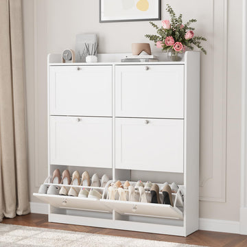 Large Shoe Storage Cabinet with 6 Flip Drawers, Freestanding Shoe Organizer with Open Storage & Crystal Handle, Slim