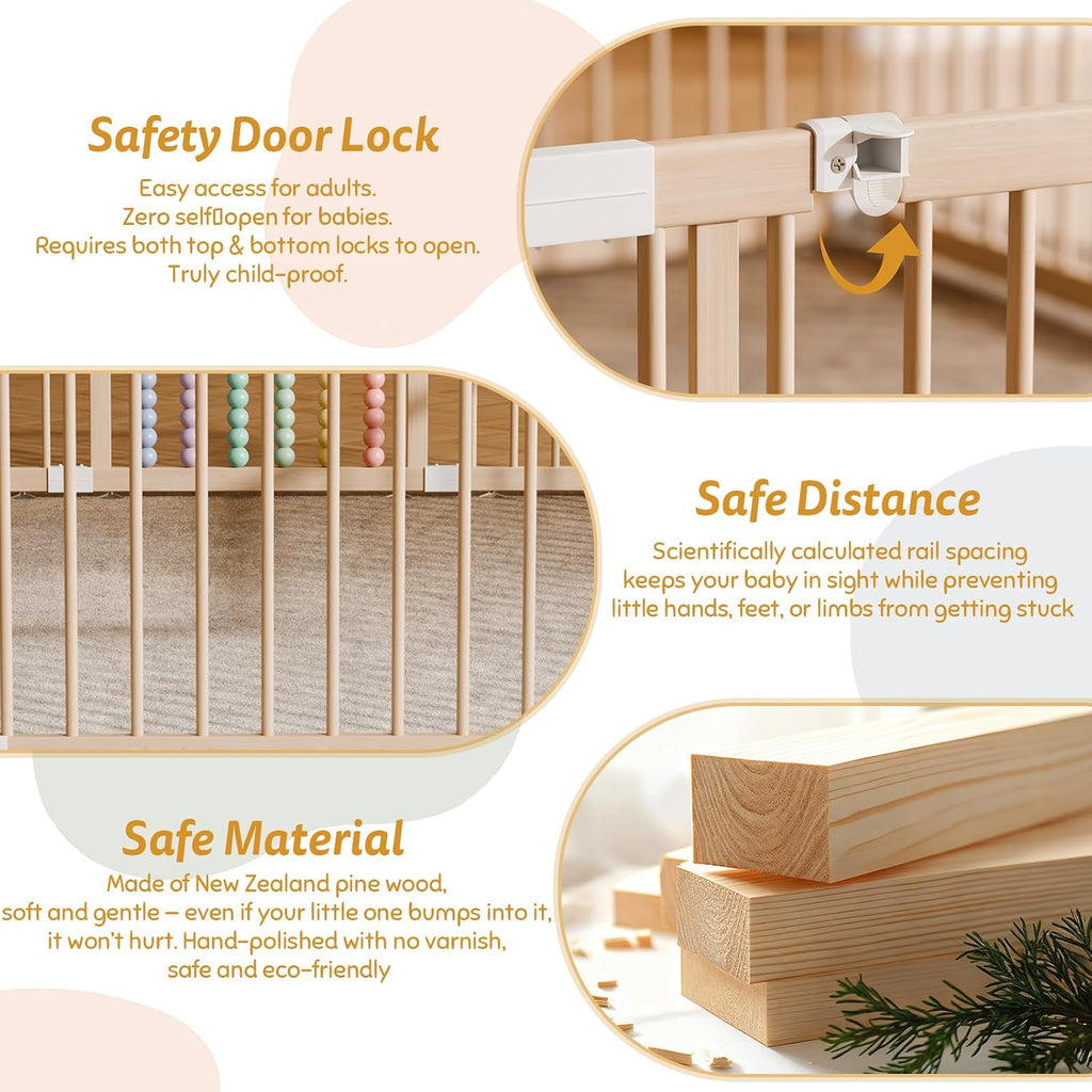 Wooden Baby Playpen, 10 Panels Fence for Babies and Toddlers 83"×57" | Size Adjustable Baby Play Yard with Locking