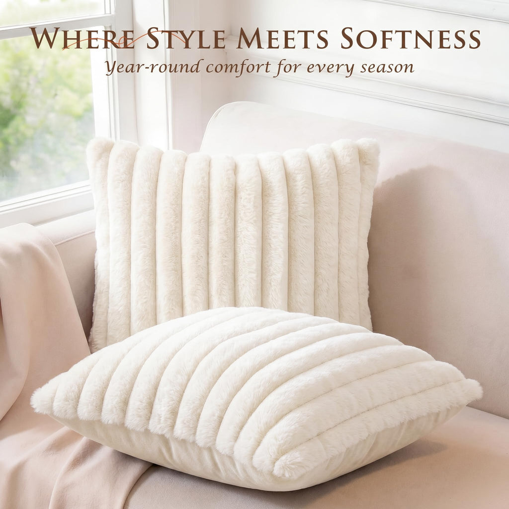 Set of 2 Decorative Throw Pillow Covers 20x20, Fall Faux Fur Cream White