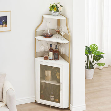 Corner Wine Bar Cabinet with Large Storage Space and Removable Wine Rack, Coffee Bar Cabinet with Glass Holder and
