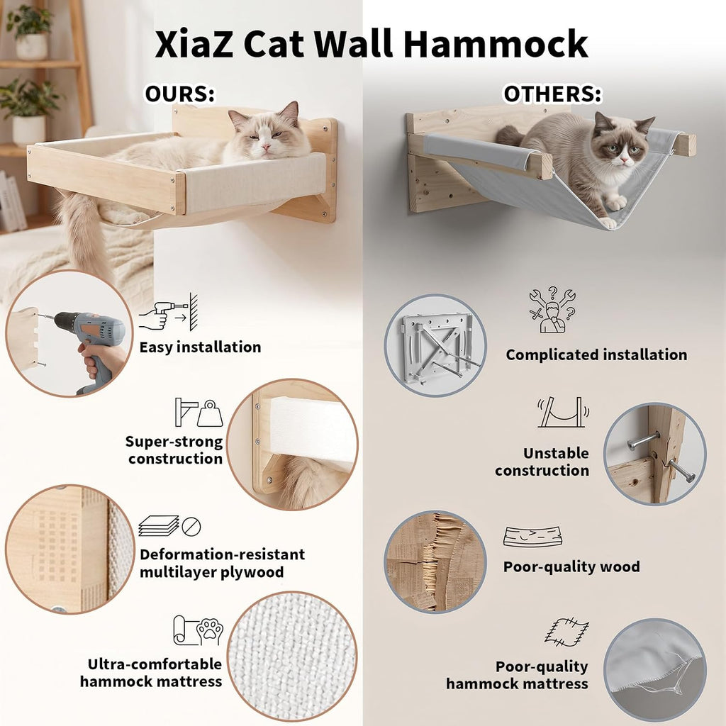Cat Wall Hammock Mounted Bed, Wood Kitten Shelf and Perch up to 30lbs