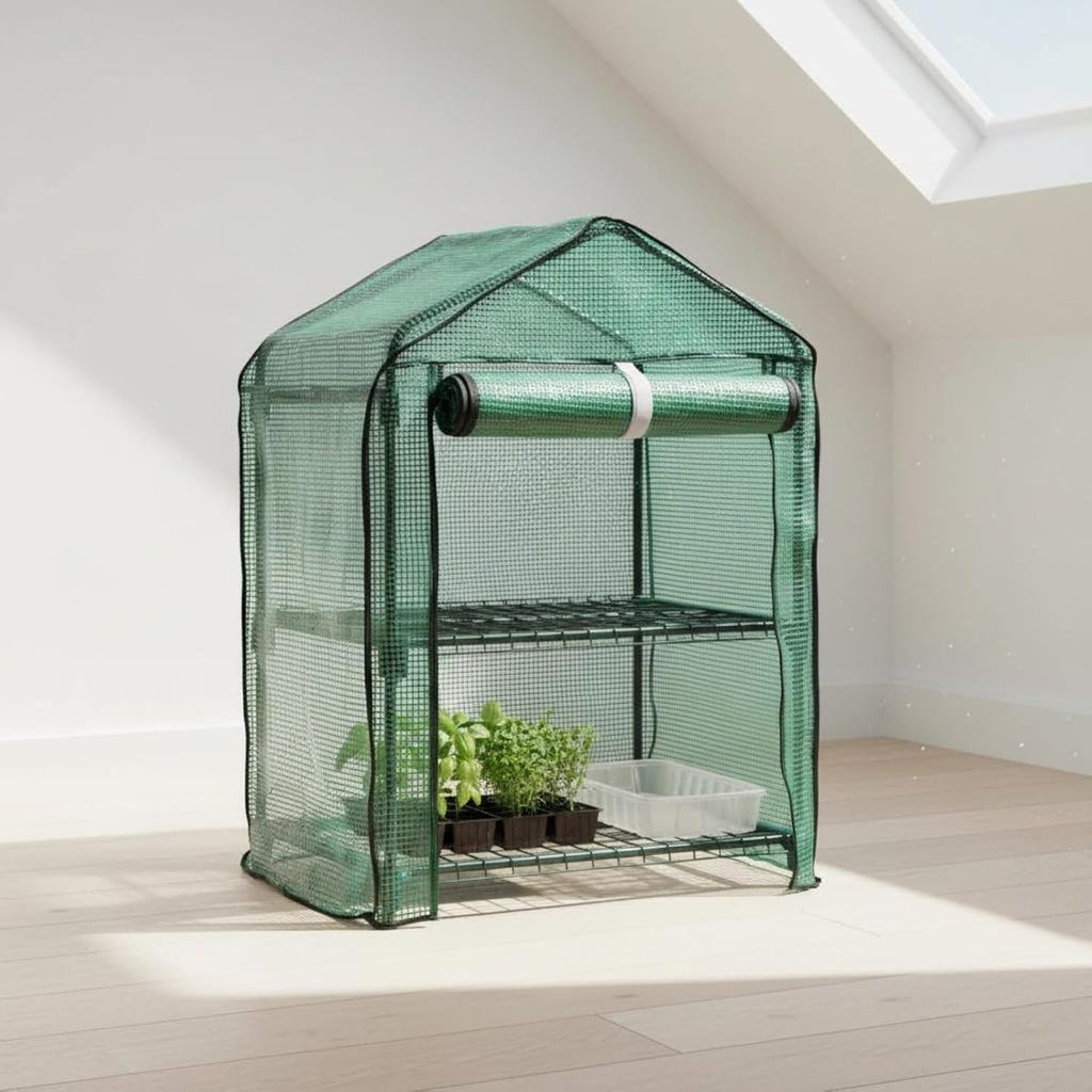 Greenhouse Shelter Mini Greenhouse Plant Shelter Garden Cover Balcony Tent Two Shelves PE Cover and Metal Frame Help