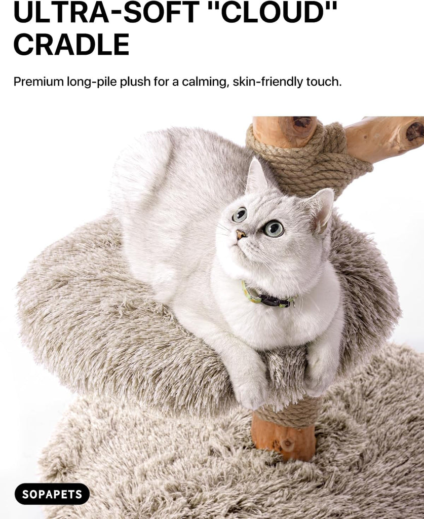 Solid Wood Cat Tree, Modern Cat Tower for Indoor Large Cats, Beige