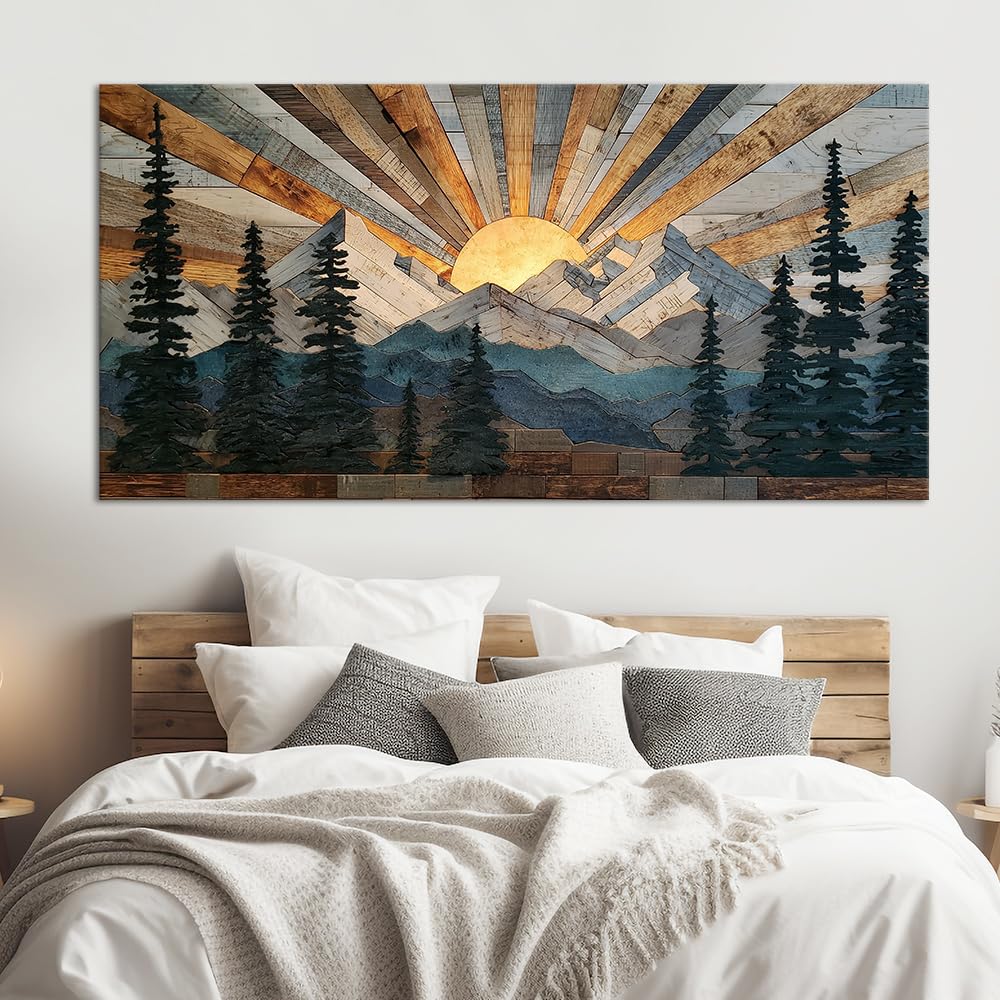 Boho Rustic Farmhouse Mountain Wall Art Sunrise Pine Tree Forest Nature Scenery Paintings Pictures Wall Decor Wood