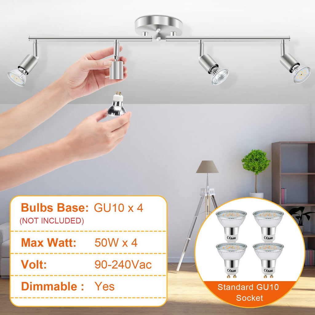 Track Lighting Kit, 4 Head Foldable Ceiling Spot Light with GU10 Socket Hallyway Bedroom Fixture Directional Accent