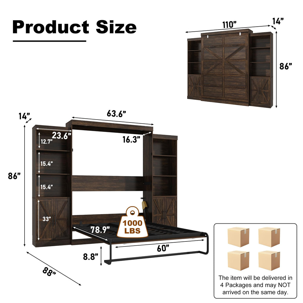 Queen Size Murphy Bed w/2 Storage Cabinet&2 LED Light, Farmhouse Wood Hidden Foldable Wall Bed Frame, Storage Bed