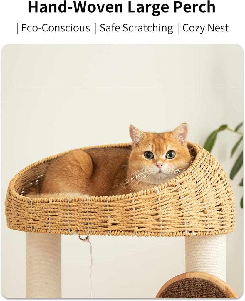 Wood Cat Tree for Large Cats, Modern Cat Tree Tower with Wide Shelves Cotton Scratching Posts, Super Sturdy Base