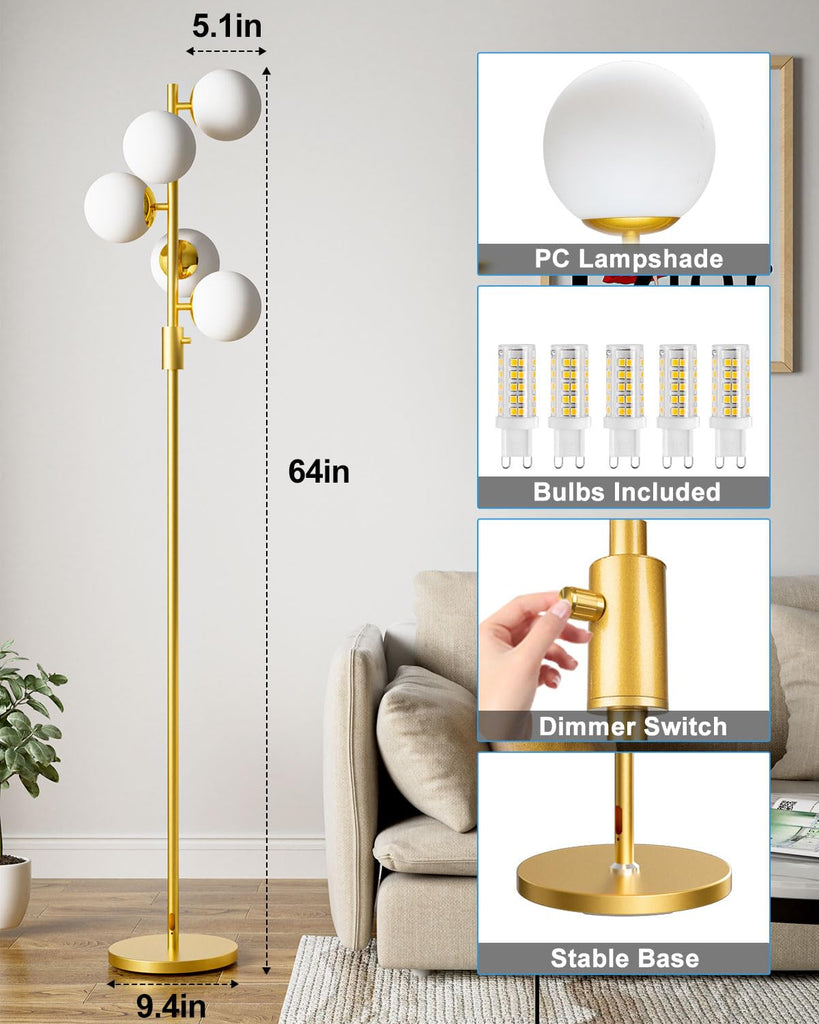 Dimmable Gold Globe Floor Lamp, 64IN Tall Standing Lamps with 5 Globe Warm White 3000K Bulbs, Mid Century Modern