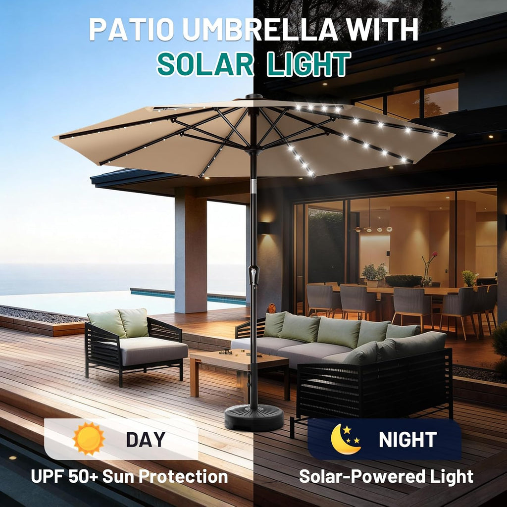 9FT Patio Umbrella with Solar Lights, 32 Lighted Pool Umbrella w/Tilt and Crank