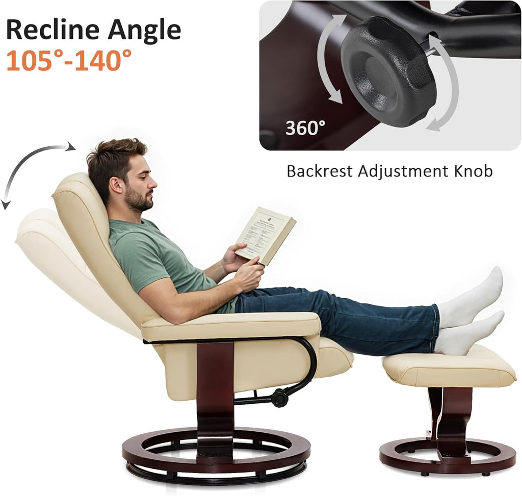 Modern Reclining Swivel Lounge Chair and Ottoman — White Faux Leather