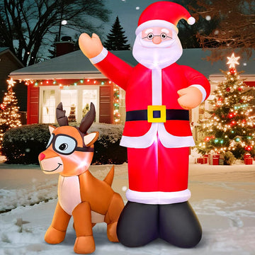 6FT Christmas Inflatables Santa Claus and Reindeer Blow Up Santa Deer Elk Yard Decorations with LED Light Up for Xmas
