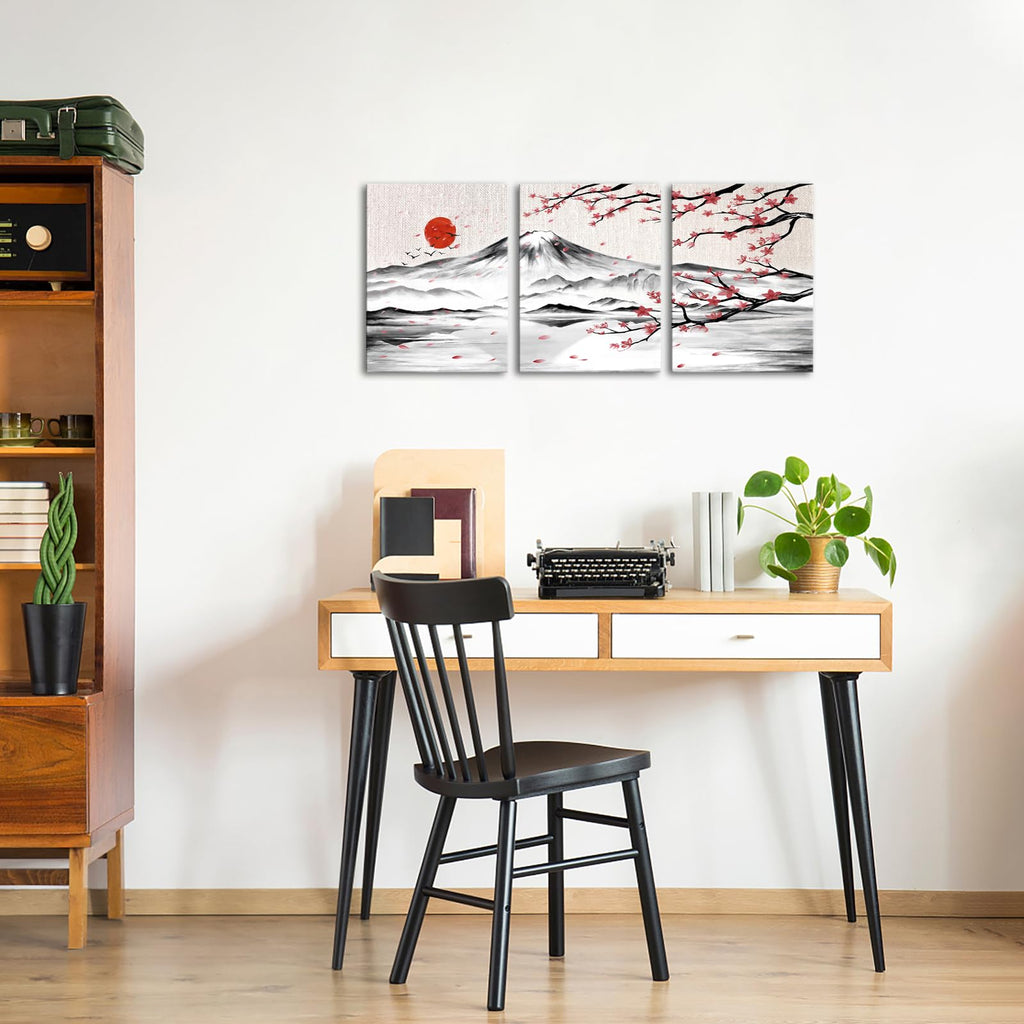 3 Pieces Japanese Cherry Blossom Mount Fuji Canvas Wall Art Black White Pink Floral Wash Painting Wall Decor Bedroom