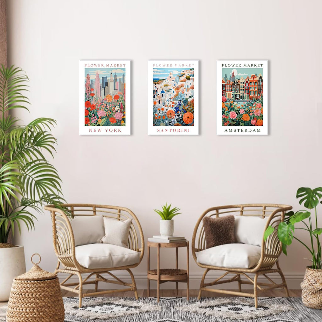3 Piece Flower Market Wall Art City Floral Canvas Wall Art Colorful City Flower Pictures Wall Decor Vintage Travel