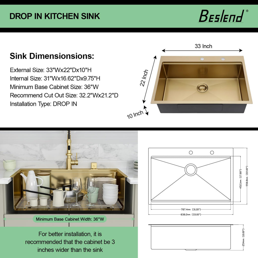 33 Drop In Workstation Kitchen Sink Gold