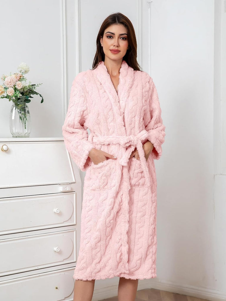 Girls Soft Fleece Bathrobe, Cable Plush Hoodless Warm Robes with Belt Pockets for Kids