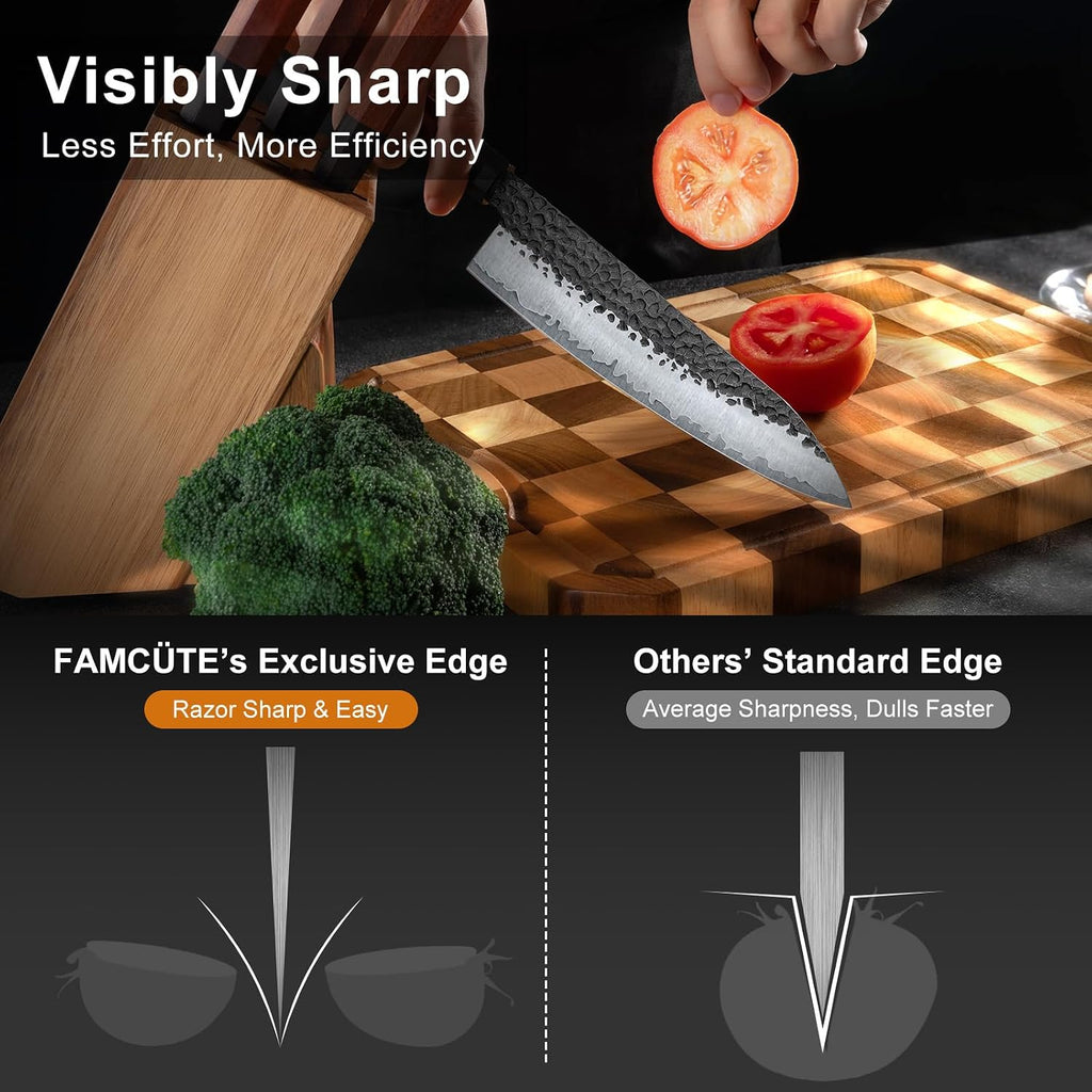 Japanese Knife Set with Block, Kitchen Knives Gift for Men & Women | Hand Forged 5-Layer 9CR18MOV Clad Steel Chef