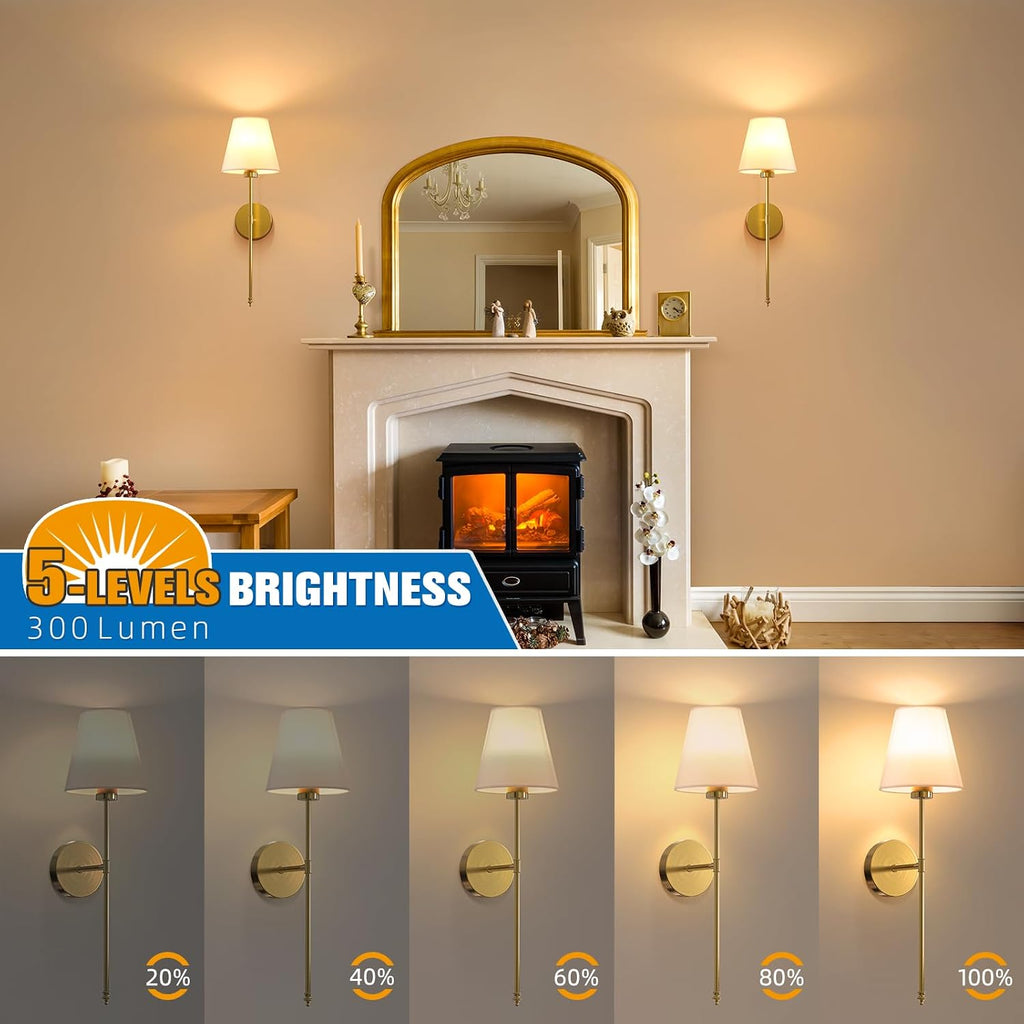 Battery Operated Wall Sconce Set of 2,Gold Rechargeable Wall Lights with 10400mAh Dimmable Bulbs and Remote,10 Colors