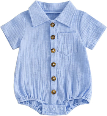 Summer Newborn Baby Boy Cotton Linen Romper Short Sleeve Button Down Jumpsuit Romper One Piece Outfit