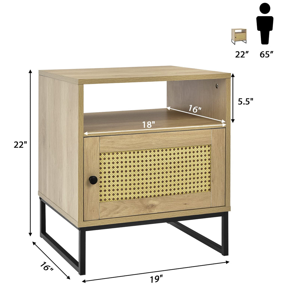 Rattan, Indoor Sofa Side Table with Shelf & Rattan Door Cabinet, Steel Base, Wood Finish, Natural Style Nightstand