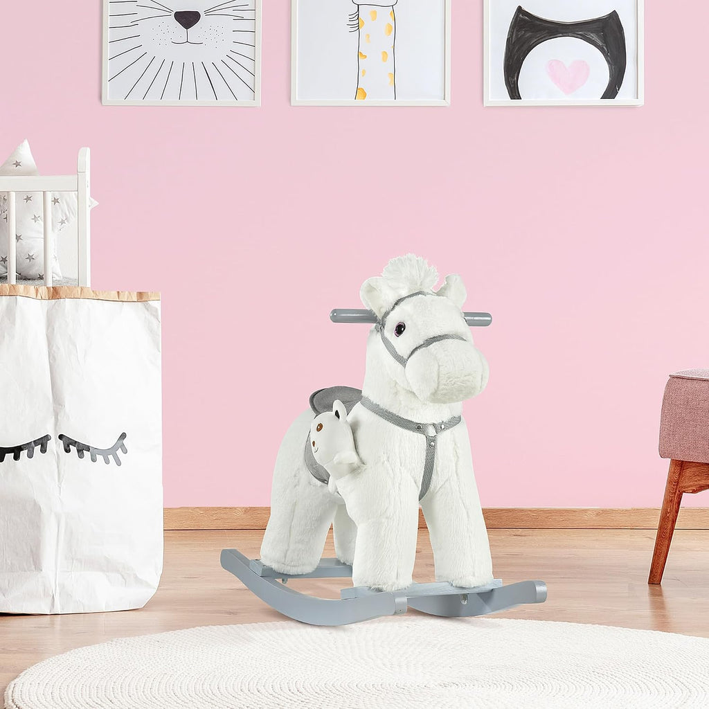 Kids Rocking Horse with Bear Toy Plush for Toddler 18-36 Months White