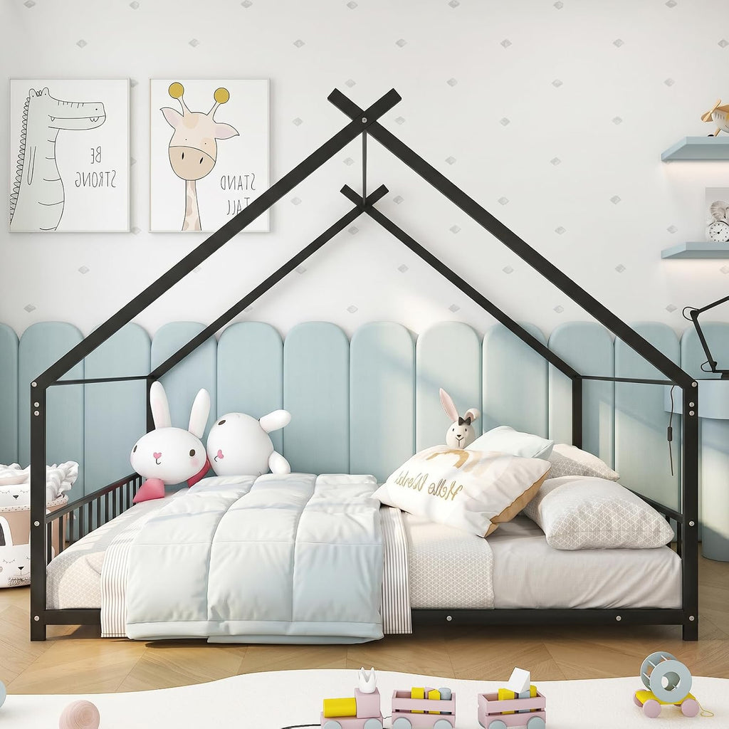 Metal Toddler Floor Bed with Slats & Fence, Black