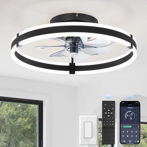 Ceiling Fans with Lights and Remote, 19.7'' Low Profile Ceiling Fan, 3000-6000K Dimmable Modern Flush Mount LED Fan Light, 6 Wind Speeds, Black Fandelier Ceiling Fans for Bedroom A101-B0DBHGKLLQ