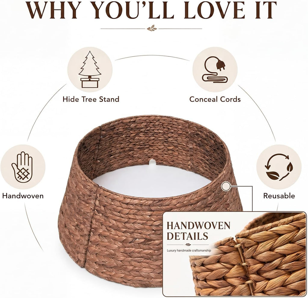 24 Inch Tree Collar Brown, Handwoven Water Hyacinth Christmas Tree Collar for Artificial Trees, Rustic Boho Basket