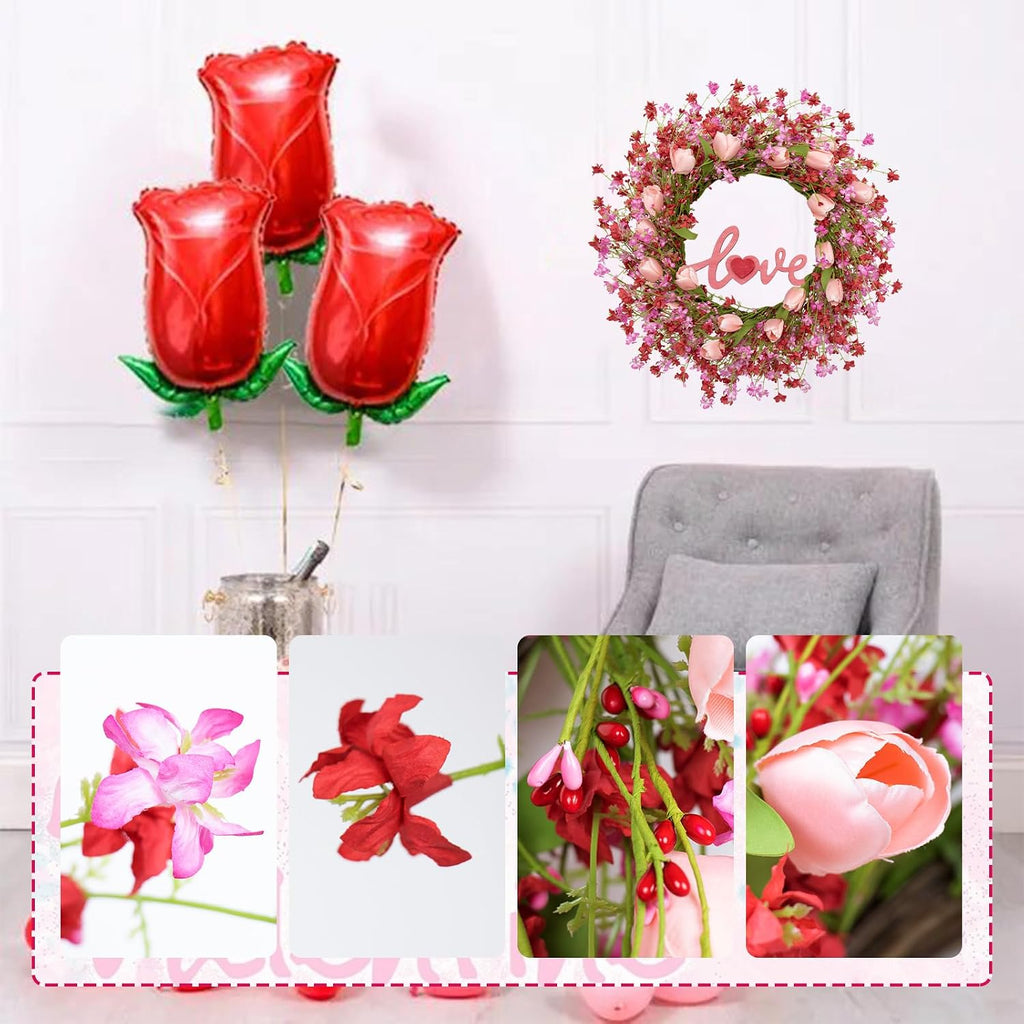 Valentines Day Wreath Decor, 22inch Artificial Pink Wreath with Tulip Berry Green Leaf Element, Valentines Wreaths
