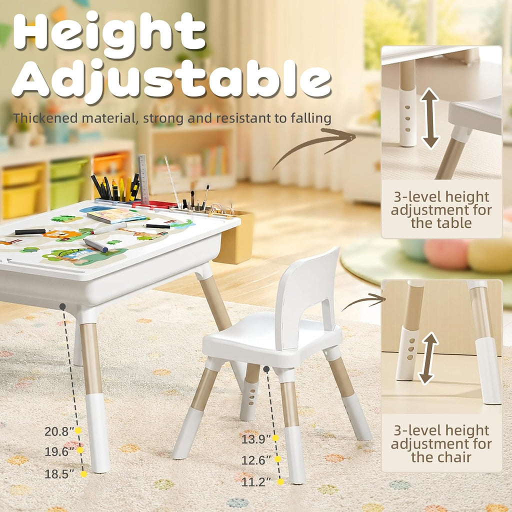 Kids Table and Chair Set with Storage, 6 in 1 Height Adjustable Toddler Table and 2 Chair Set, Toddler Kids Activity
