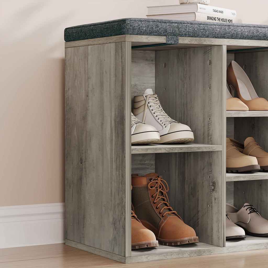 Shoe Bench with Padded Seat, 20'' Shoe Storage Bench with Adjustable Shelves & Side Pockets, 5 Cubes Storage