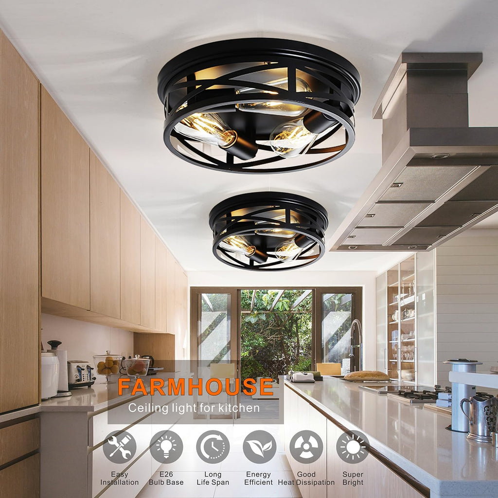 Farmhouse Flush Mount Ceiling Light 12 Inch E26 3-Light Large Black Anti-Rust Metal Cage Close to Ceiling Lamp for