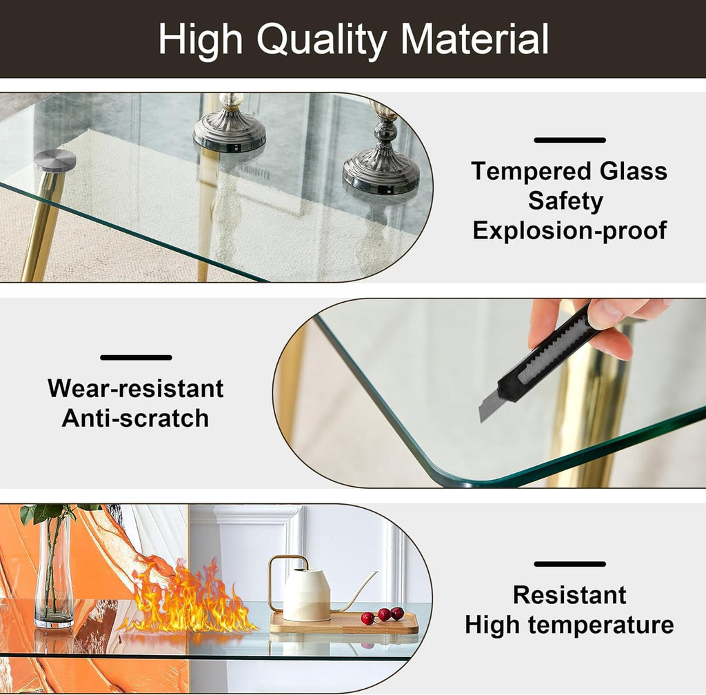 Glass Dining Table for 4 with 63 inch Clear Rectangular Glass Top, 0.31" Modern Tempered Glass Kitchen Table