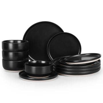 Dinnerware Sets, 12-Piece Plates and Bowls Set for 4, Matte Black