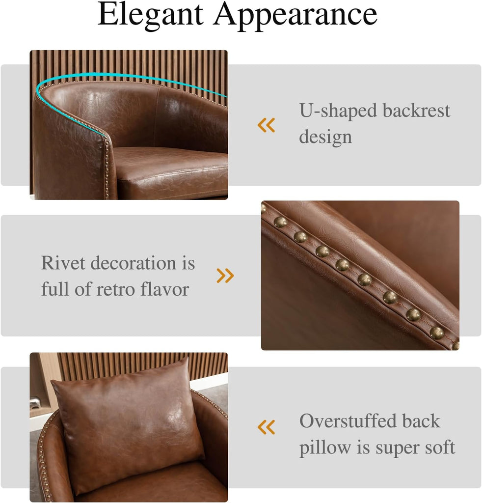 360 Degree Swivel Barrel Chair with Plump Back Pillow, Waterproof Oil Waxed PU Leather Swivel Armchair with Rivets