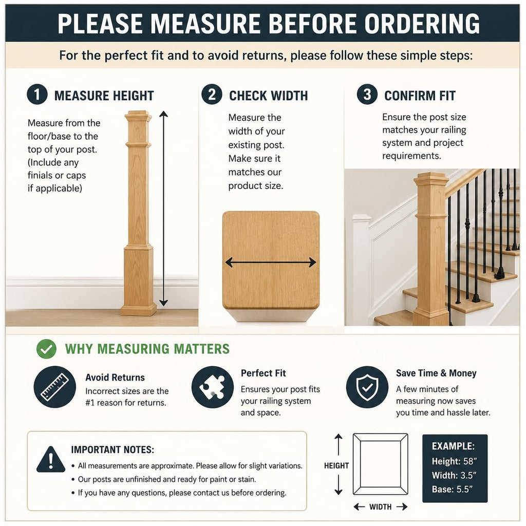 White Oak Box Newel Post 6.25" x 54.8", Hollow Box Newel Wood Balusters for Staircase Interior, Square Design, 3⁄4"