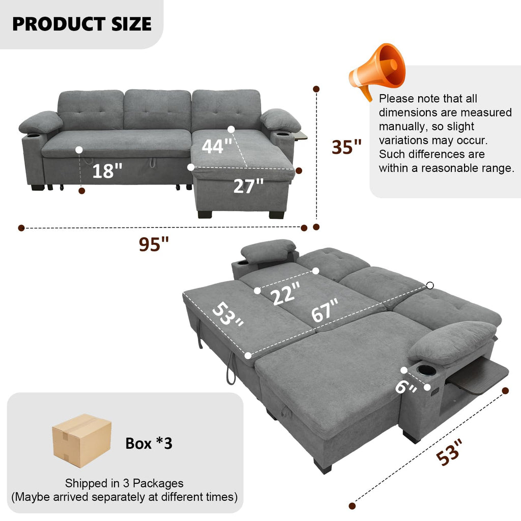93" L Shaped Sleeper Sofa Bed, Pull Out Sectional Couch with Storage Chaise/Reclining Backrest, Sectional Couches